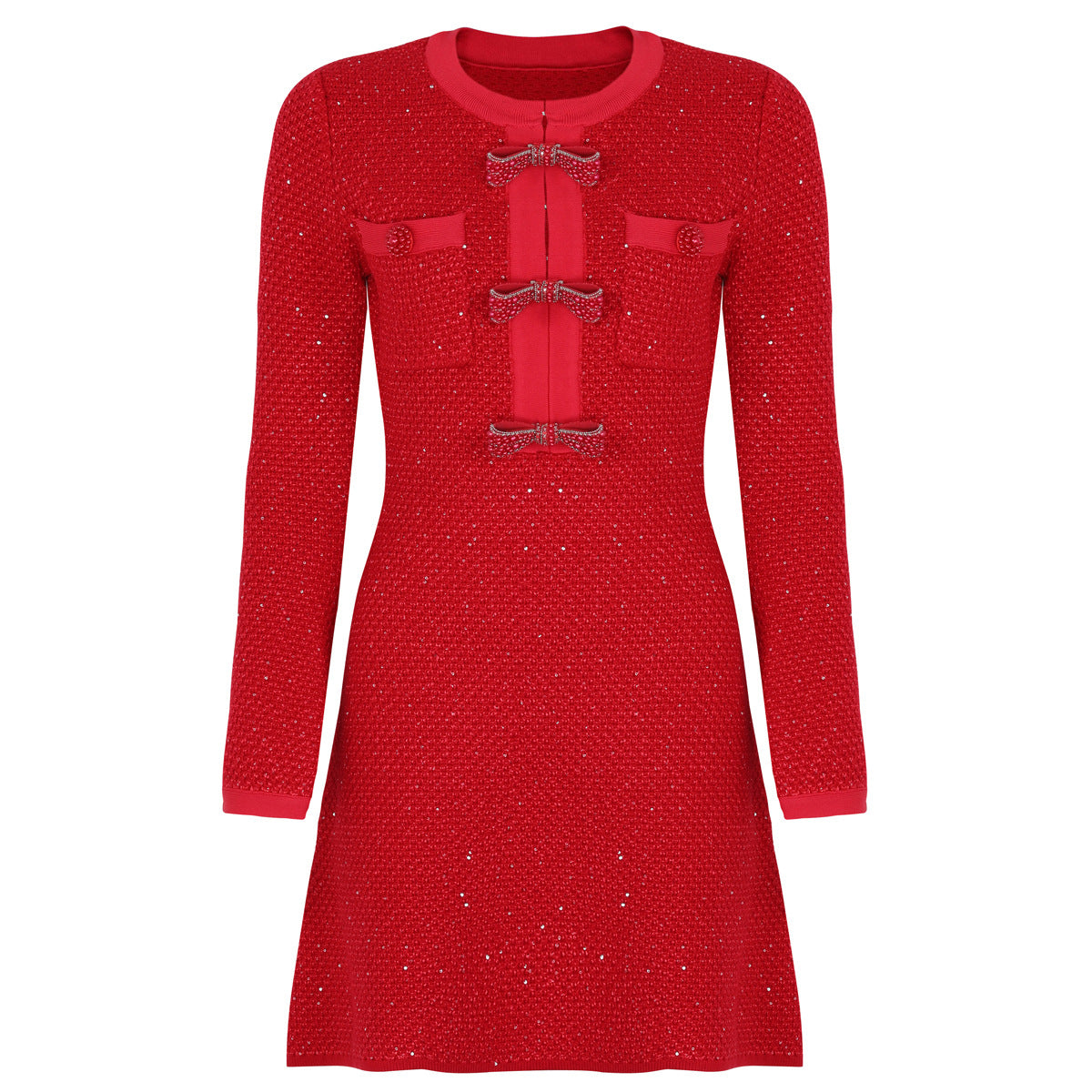Autumn Long Sleeve Round Neck Bead Knitted Slim Fit Dresses