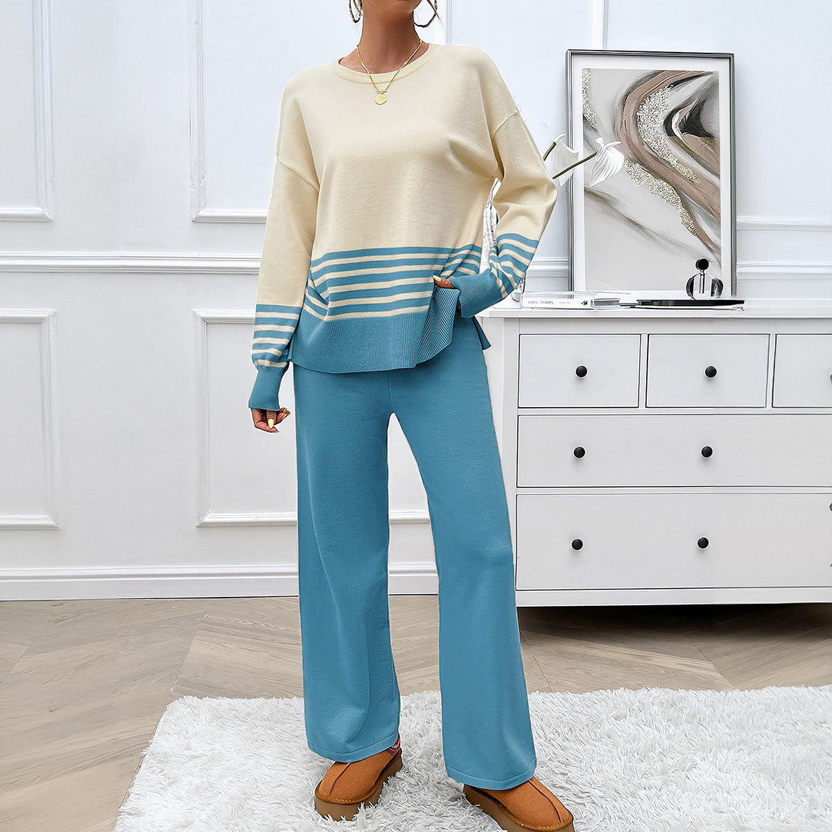 Women's Vacation Style Contrast Color Striped Straight Fashion Casual Suit