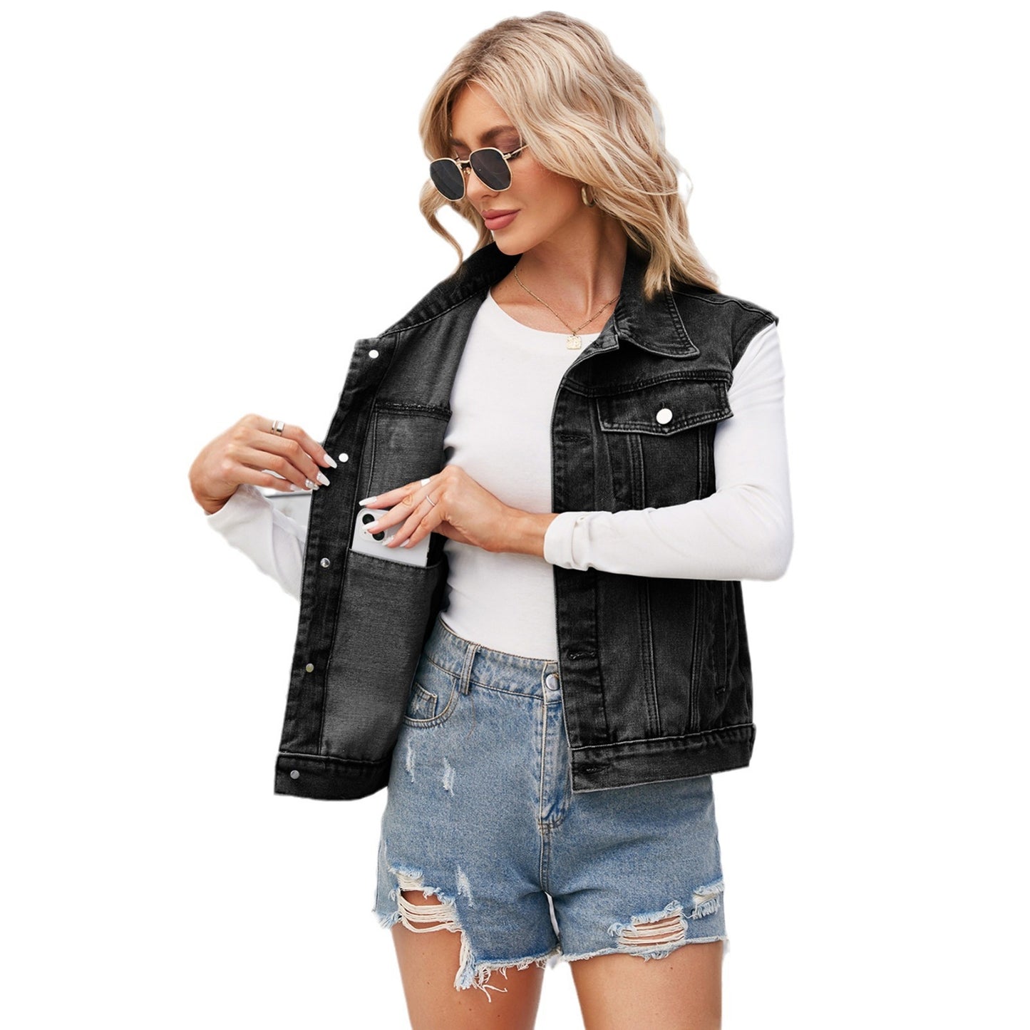 Women's Washed Classic Look Denim Waistcoat For Women's Vest