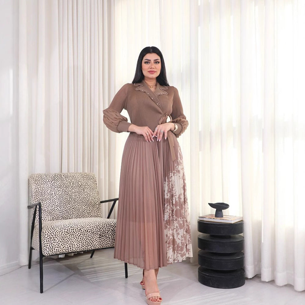 Women's Fake Two Pieces Pleated Print Dress Dresses
