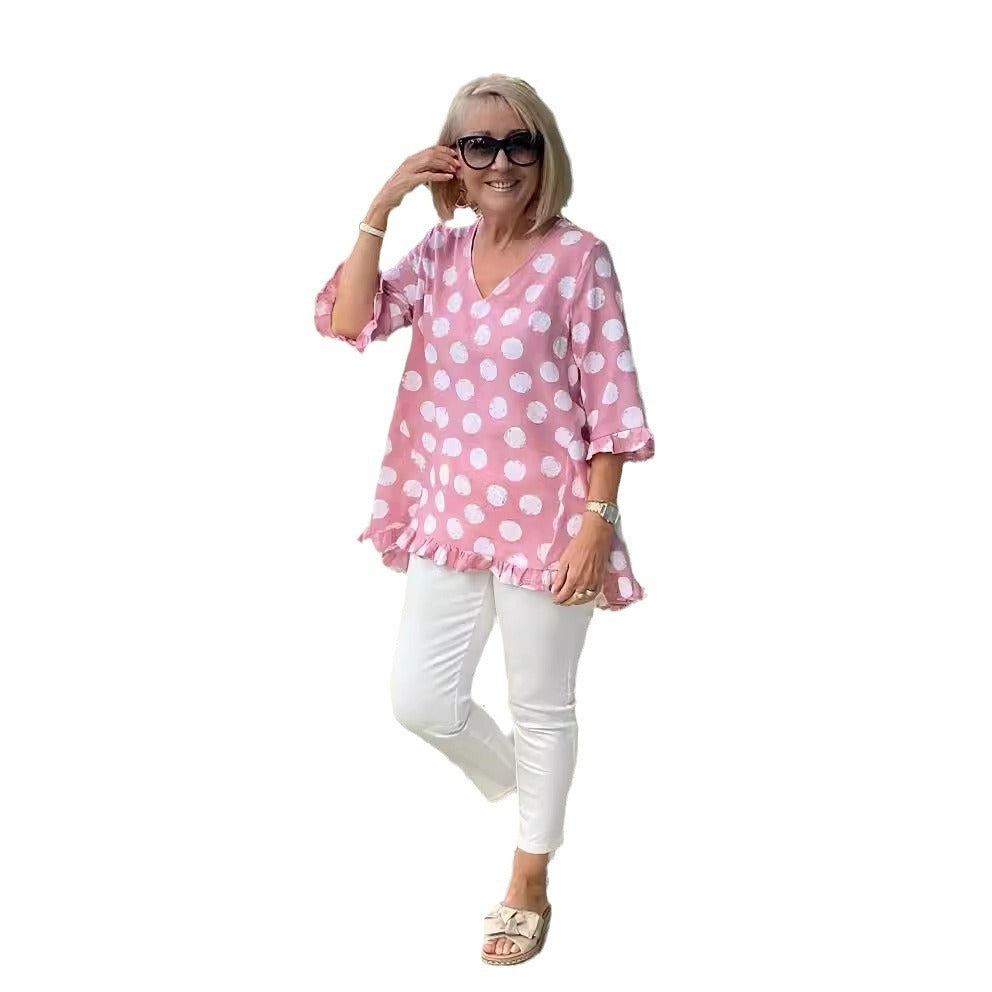 Women's Summer Sleeve Polka Dot Printed Cotton Women's T-shirt
