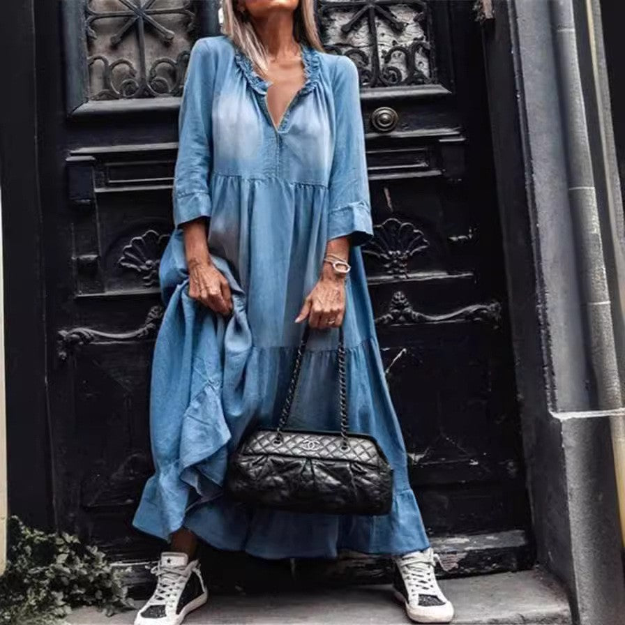 Washed Denim Mid-length Pleating Swing Long Dresses
