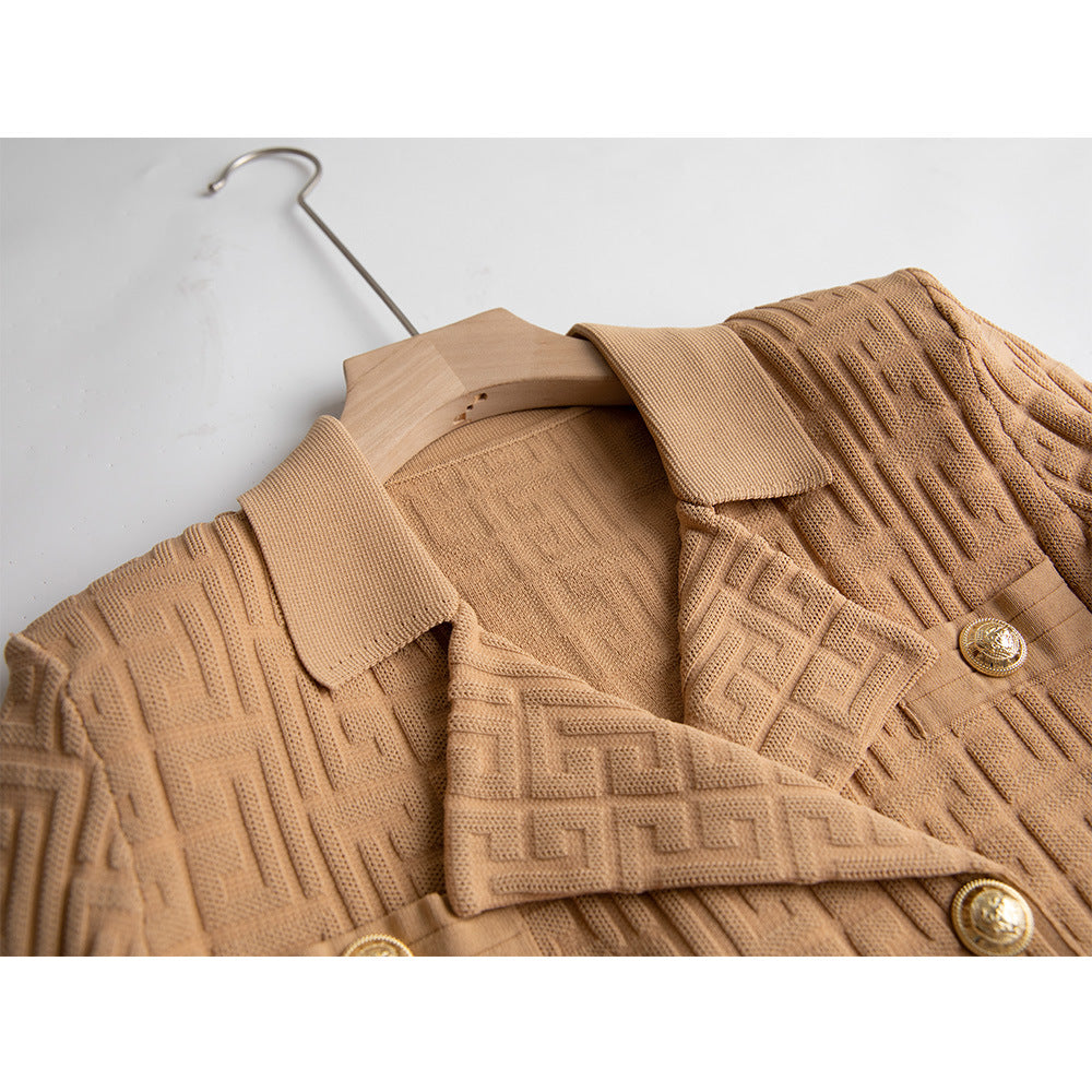 Khaki Jacquard Knitted Collar Two-piece Fashion Suits