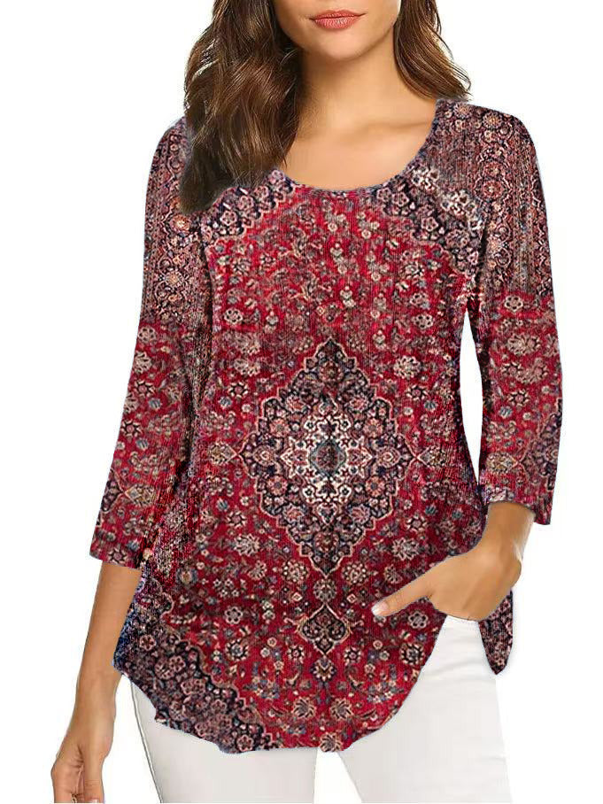 Autumn Three-quarter Sleeve Round Neck Printed Mid-length Bottoming Tops