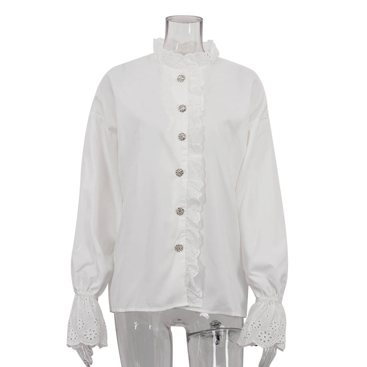 Women's Style Stand Collar Diamond Ruffled Shirt Tops