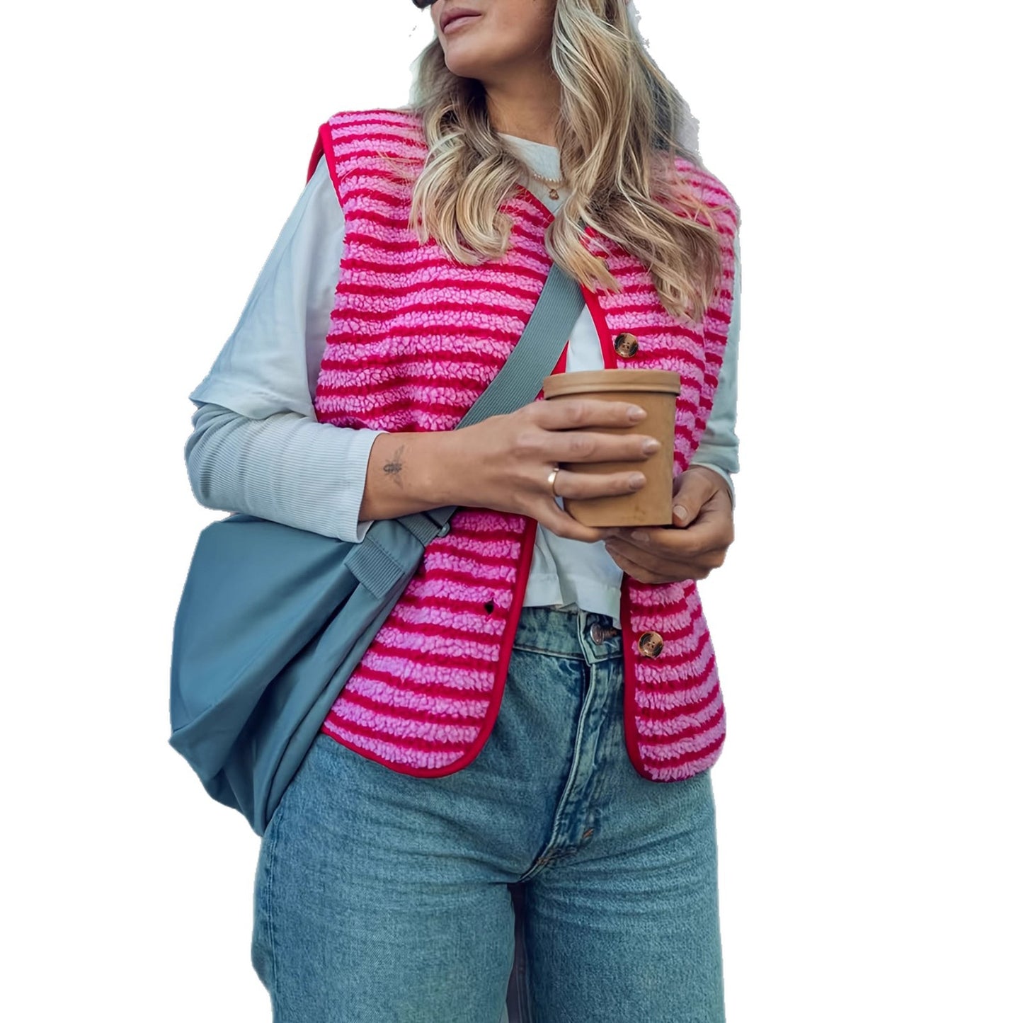 Women's Spring Side Pocket Plush Striped Waistcoat Women's Vest