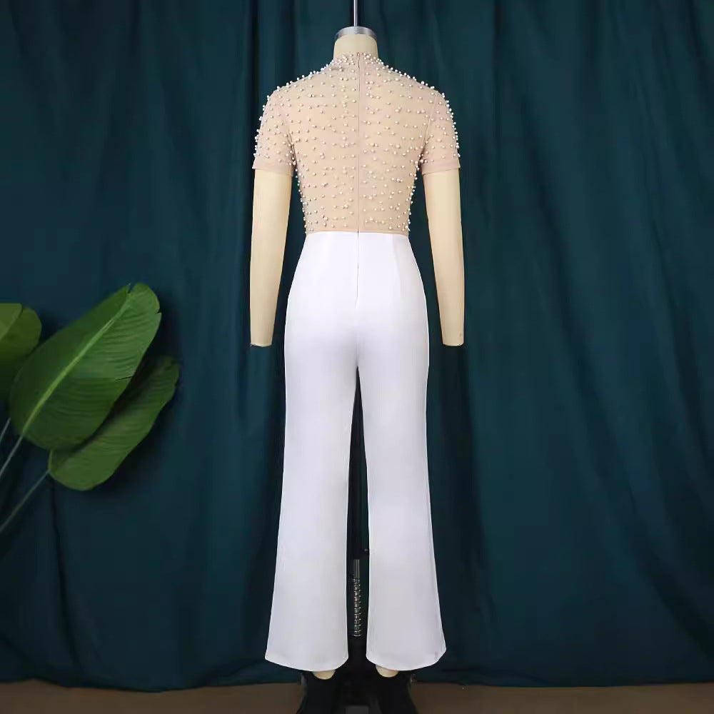 Round Neck Sleeve Beaded Casual Style High Waist Suits