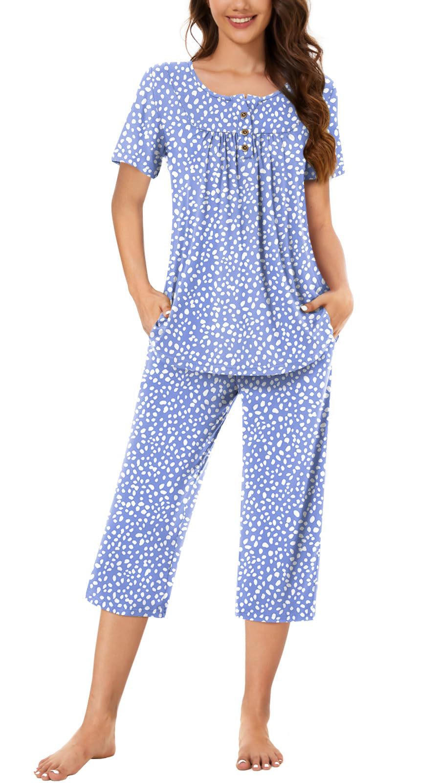 Women's Pajamas T-shirt Button Round Neck Printed Pants