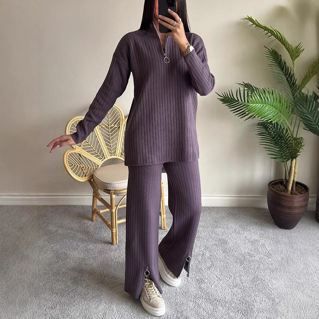 Women's Autumn Solid Color Zipper Knitting High Neck Suits