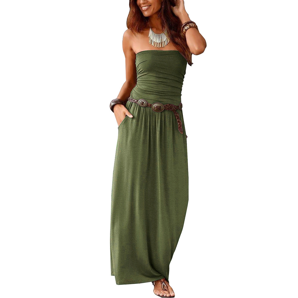 Women's Collar Sleeveless Cold-shoulder Long Double Pocket Dress