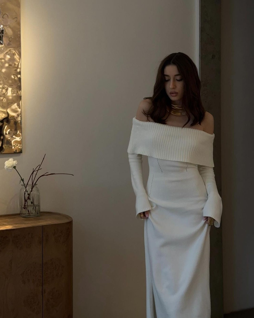 Women's Source Flared Sleeve Knitted Dress Slim Dresses