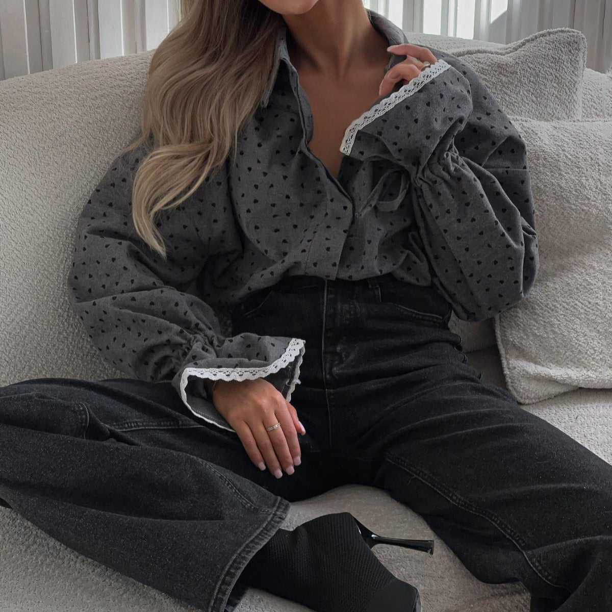 Women's Loose Polka Dot Cuff Lace Shirt Sweet Blouses
