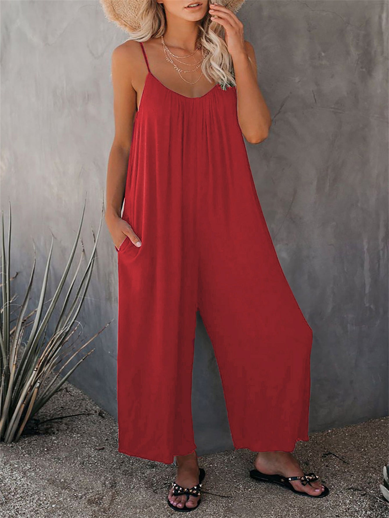 Women's Sling Summer Solid Color Pocket Jumpsuits