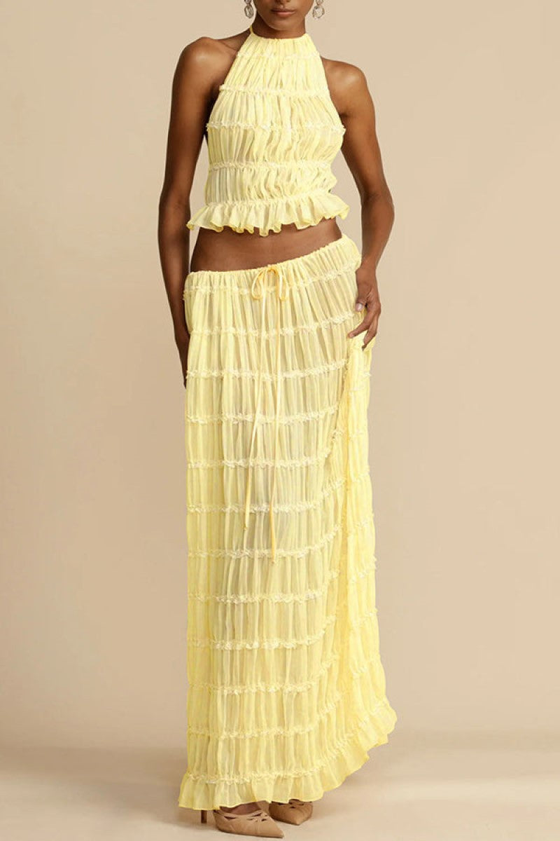 Fashion Sexy Backless Halter Pleated Lace Suits