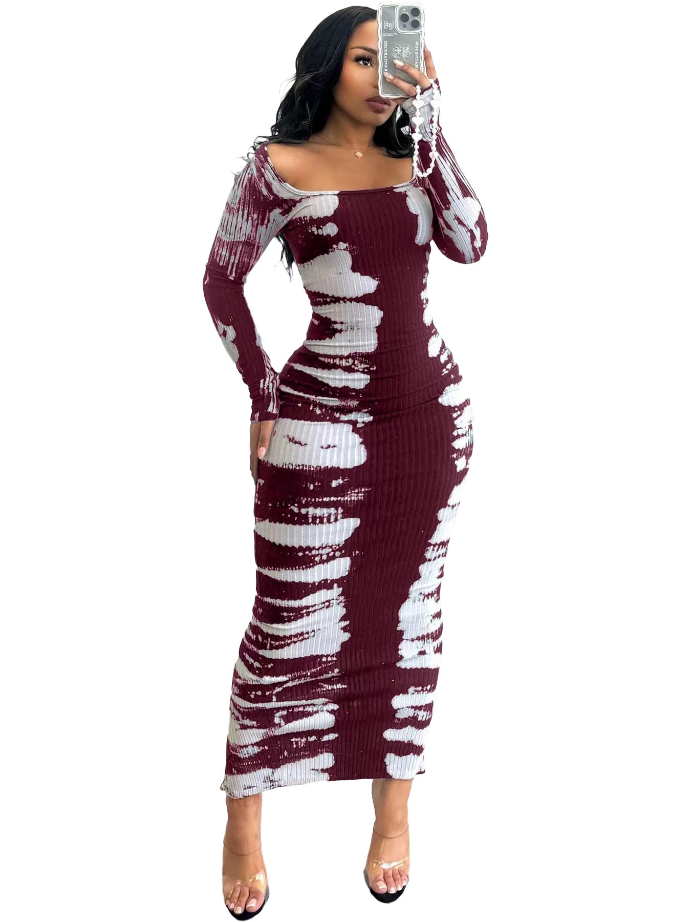 Women's Spring Sunken Stripe Printed Back Slit Dress