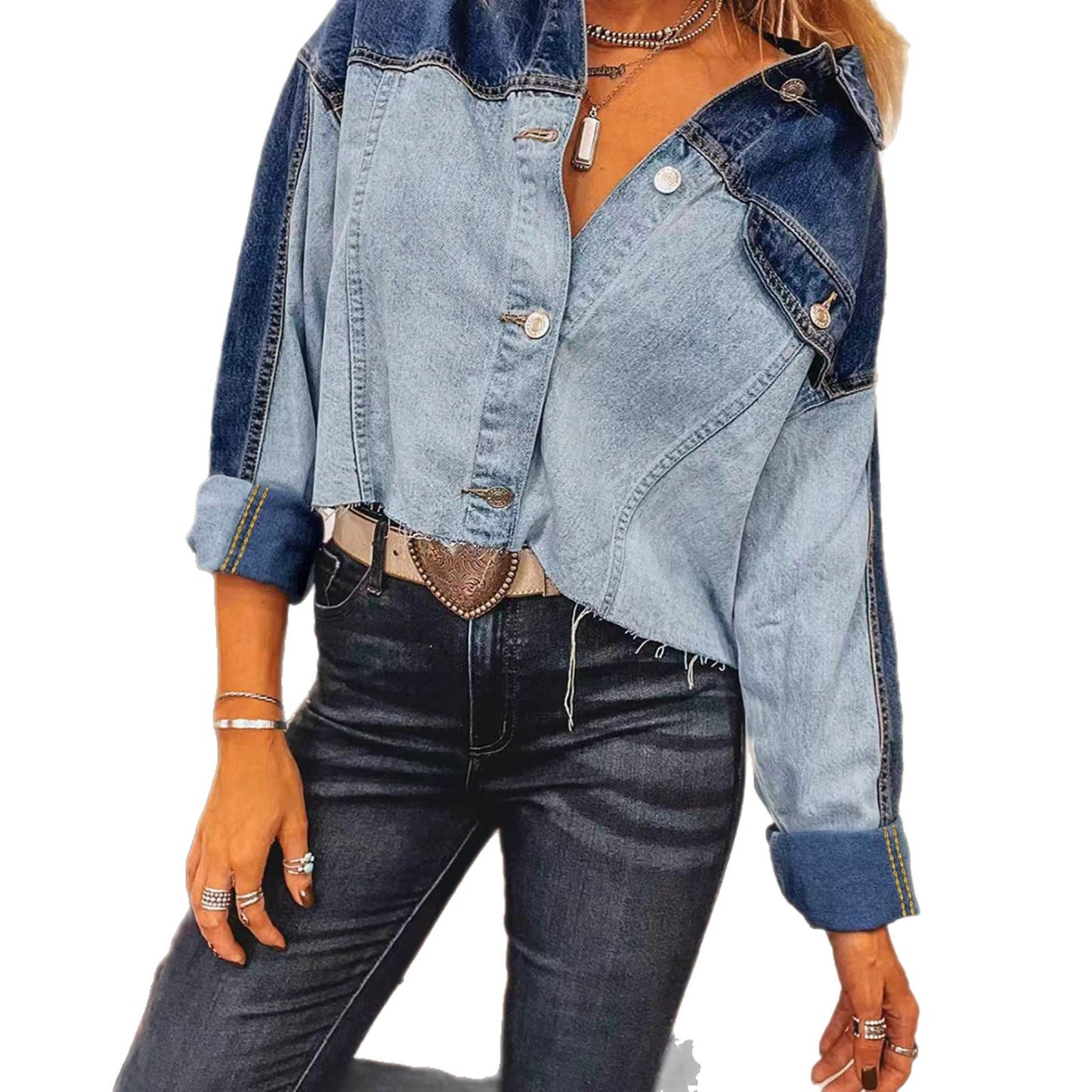 Women's Flip Denim Button Loose Edge Hem Jackets