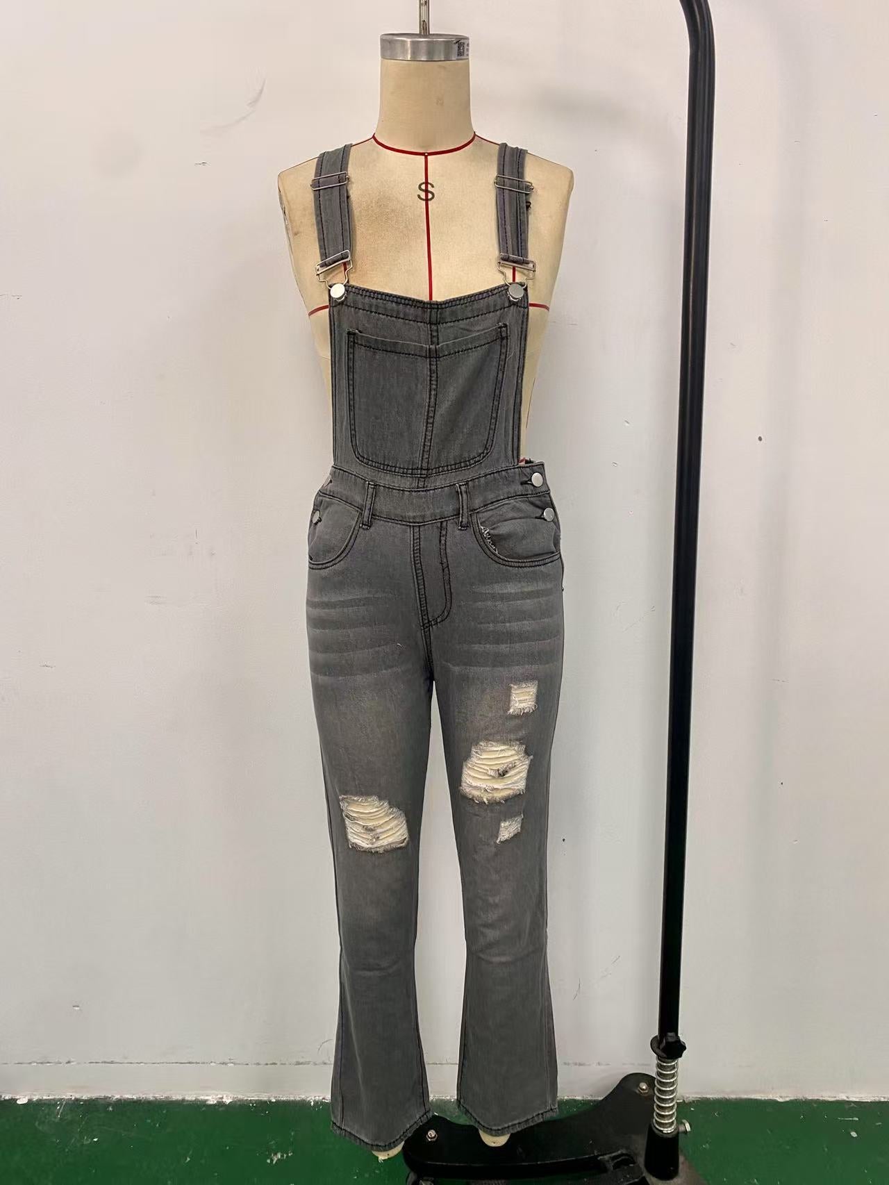 Women's Suspender Trousers Ripped Washed Slim Fit Jumpsuits