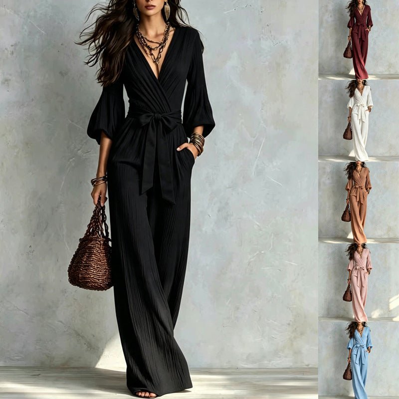 Deep V Puff Sleeve One-piece Female Belt Jumpsuits