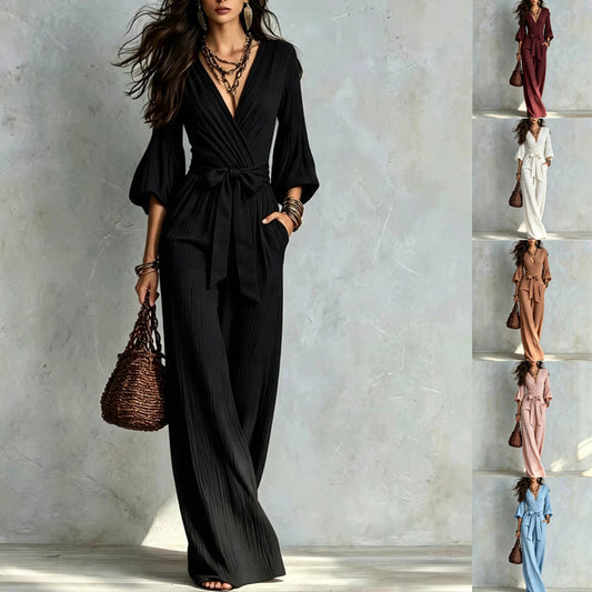 Deep V Puff Sleeve One-piece Female Belt Jumpsuits