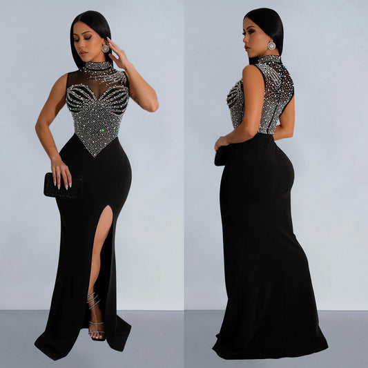Women's Wear Pure Color Mesh Rhinestone Sleeveless Dresses