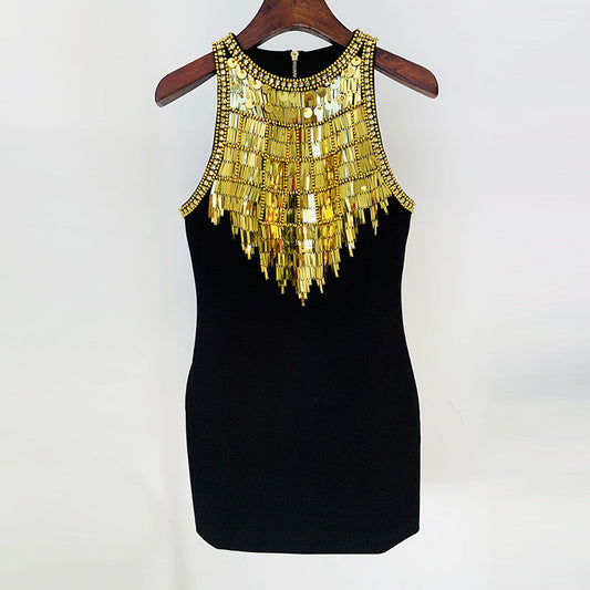 Fashion Metal Sheet Beads Rhinestones Stretch Dress