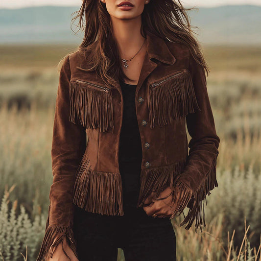 Women's Autumn Brown Vintage Tassel Faux Suede Jackets
