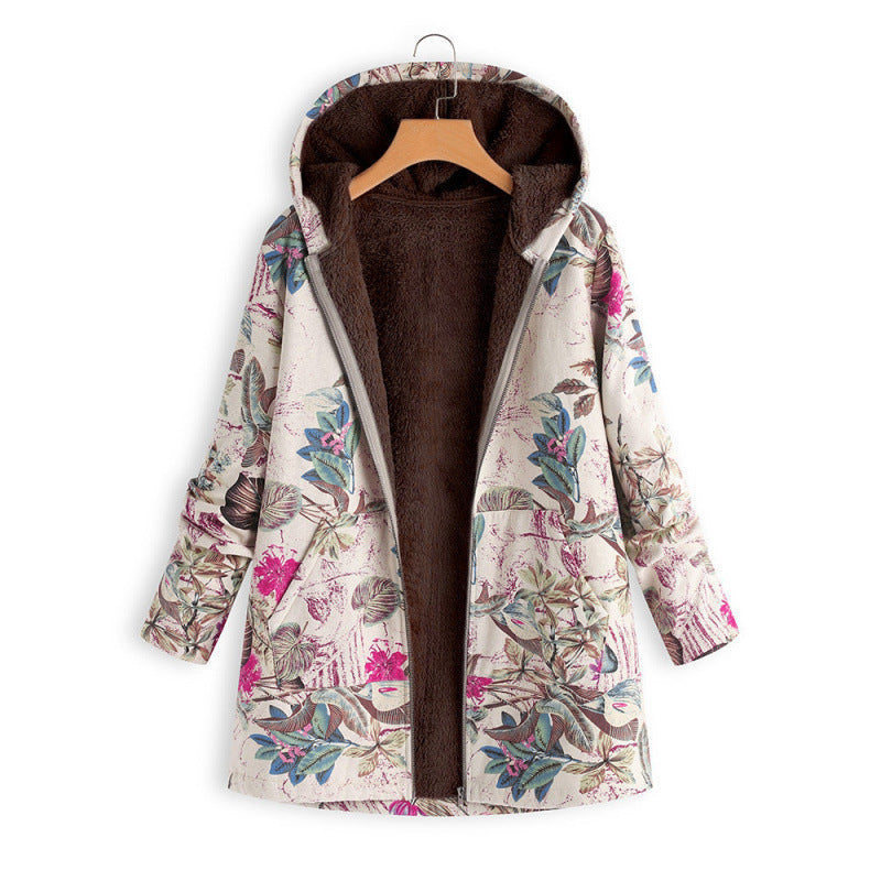 Women's Long-sleeved Zipper Hooded Thickened Composite Printed Dresses