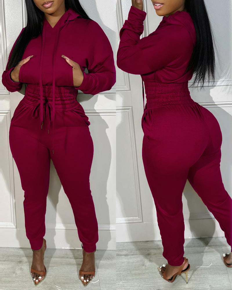 Full Solid Color Waist Hooded Jogging Blouses