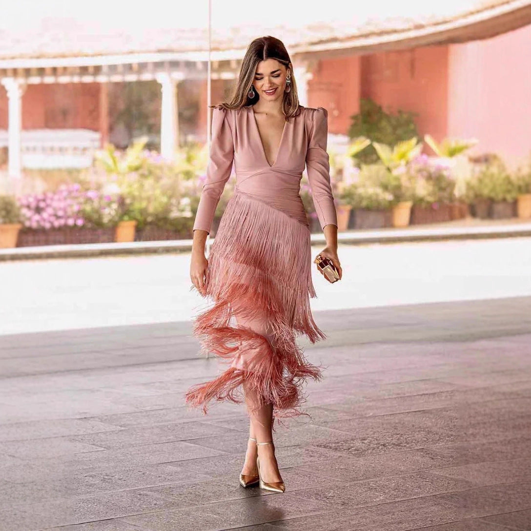 Elegant Autumn Fashion Deep Tassels Long Dresses