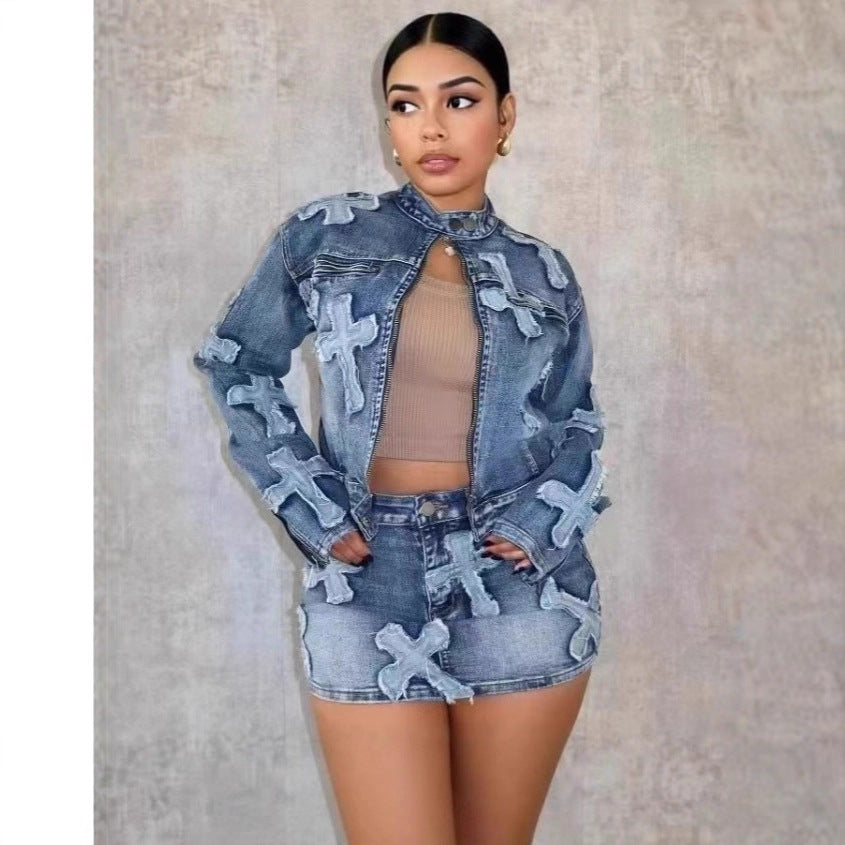Elegant Autumn Stretch Denim Cross Embroidered Jackets