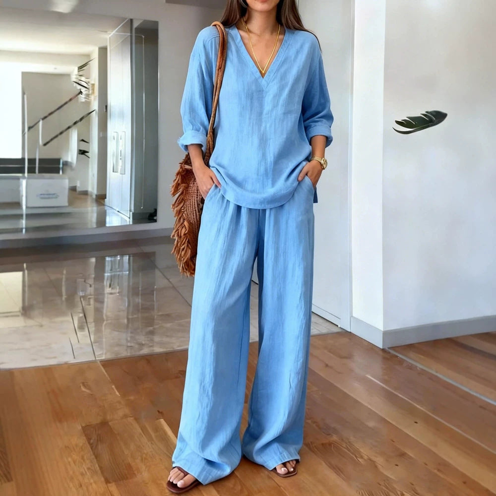 Women's Pullover Long Sleeve Washed Cotton Summer Fashion Casual Suit