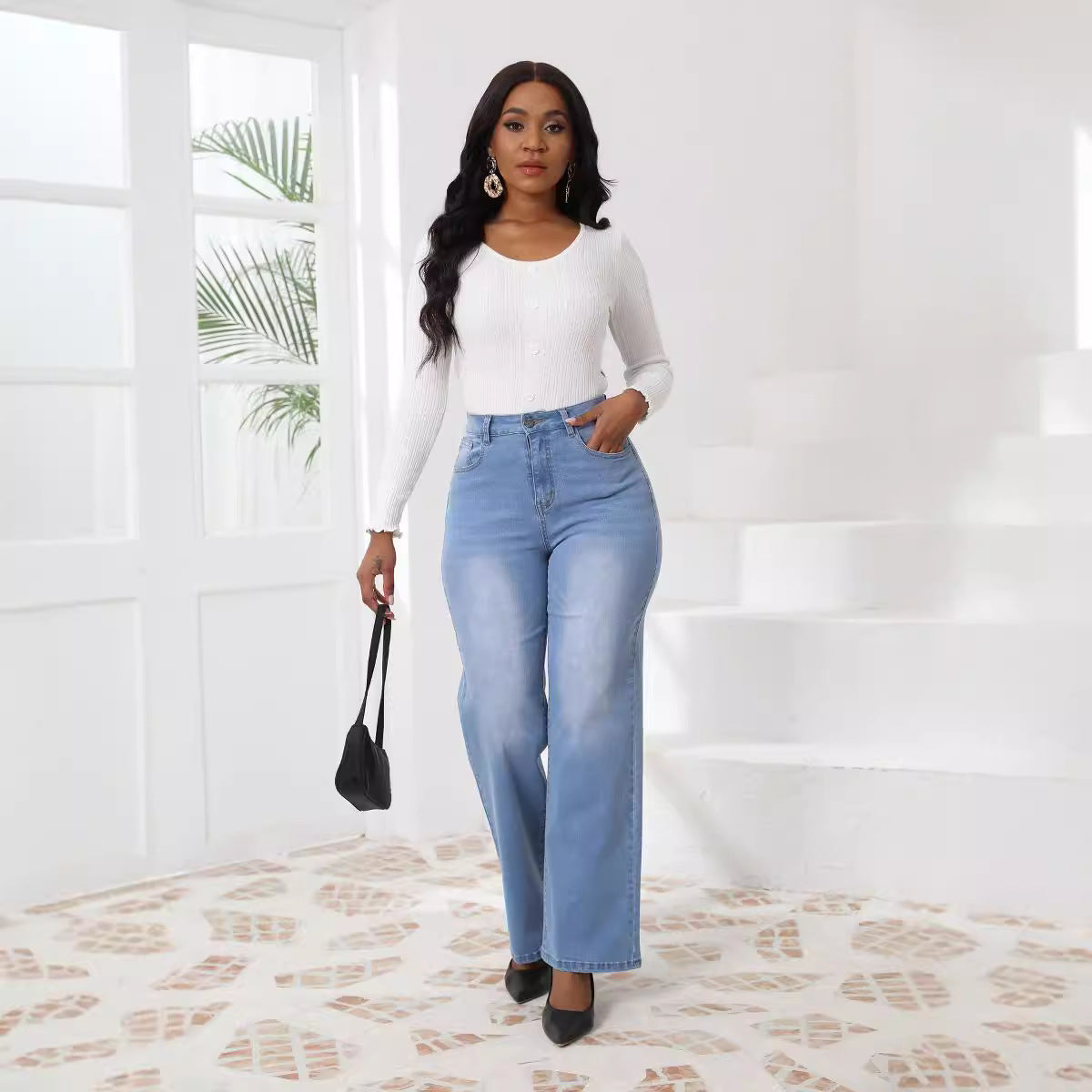 Women's Denim High Elastic Trousers Retro Straight Jeans