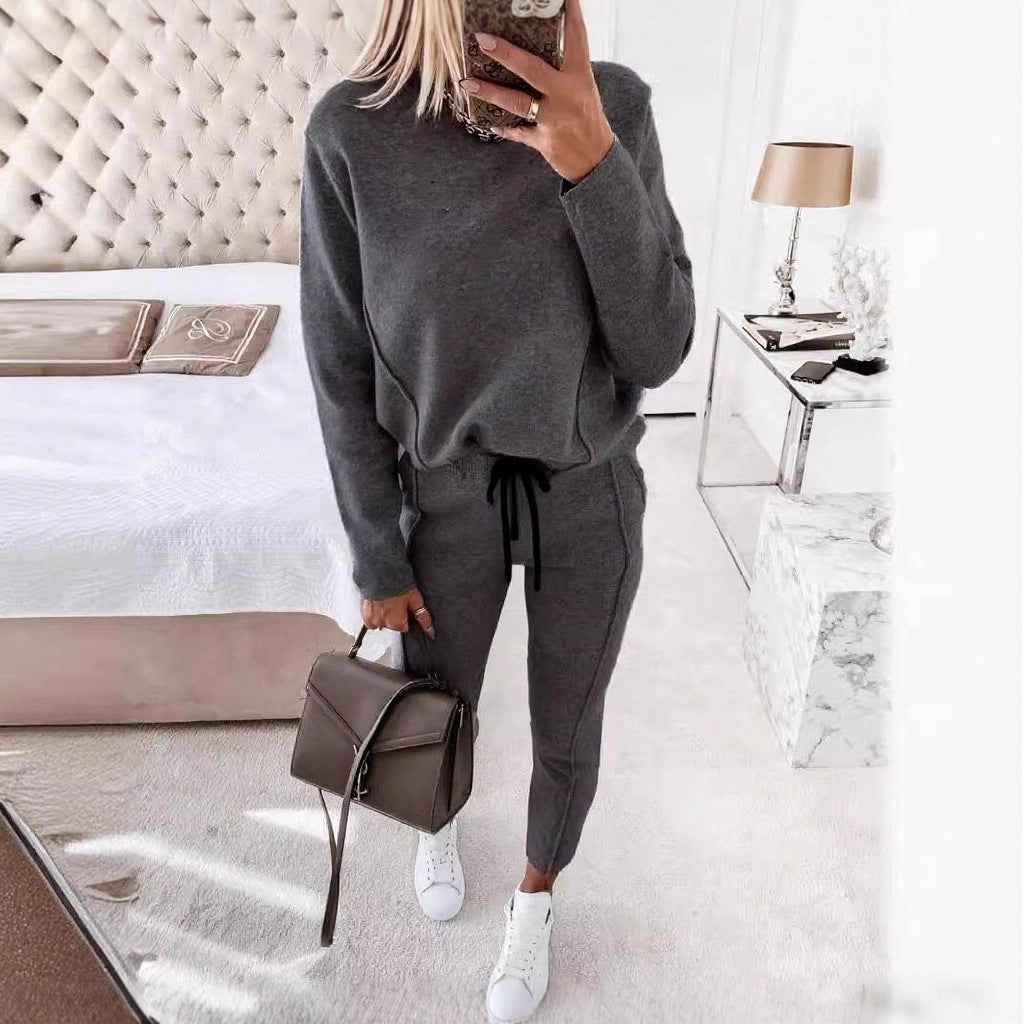 Women's Turtleneck Long Sleeve Pocket Trousers Two-piece Suits