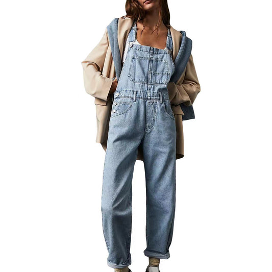 Women's Casual Loose Wash Pocket Strap Denim Jumpsuits