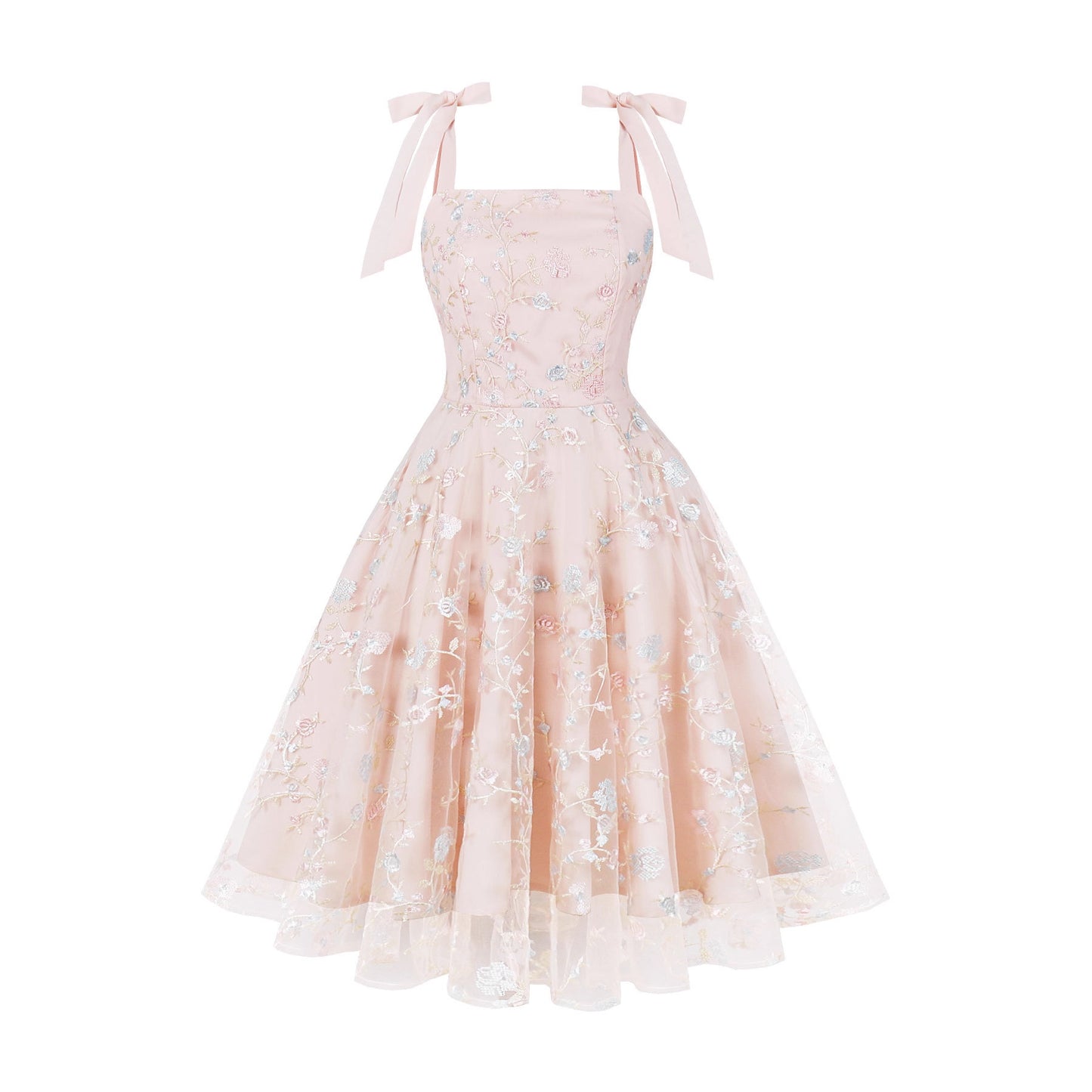 Women's Embroidered High Waist Hepburn Style Retro Spaghetti Dresses
