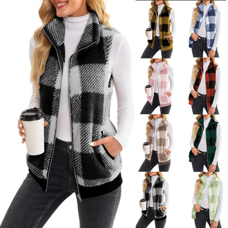 Women's Waistcoat Comfortable Veet Plaid Stand Collar Zipper Women's Vest