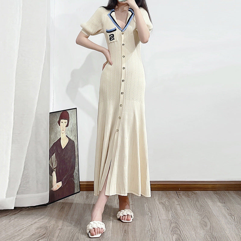 Contrast Color Lapels Knitted Dress Letter Dresses