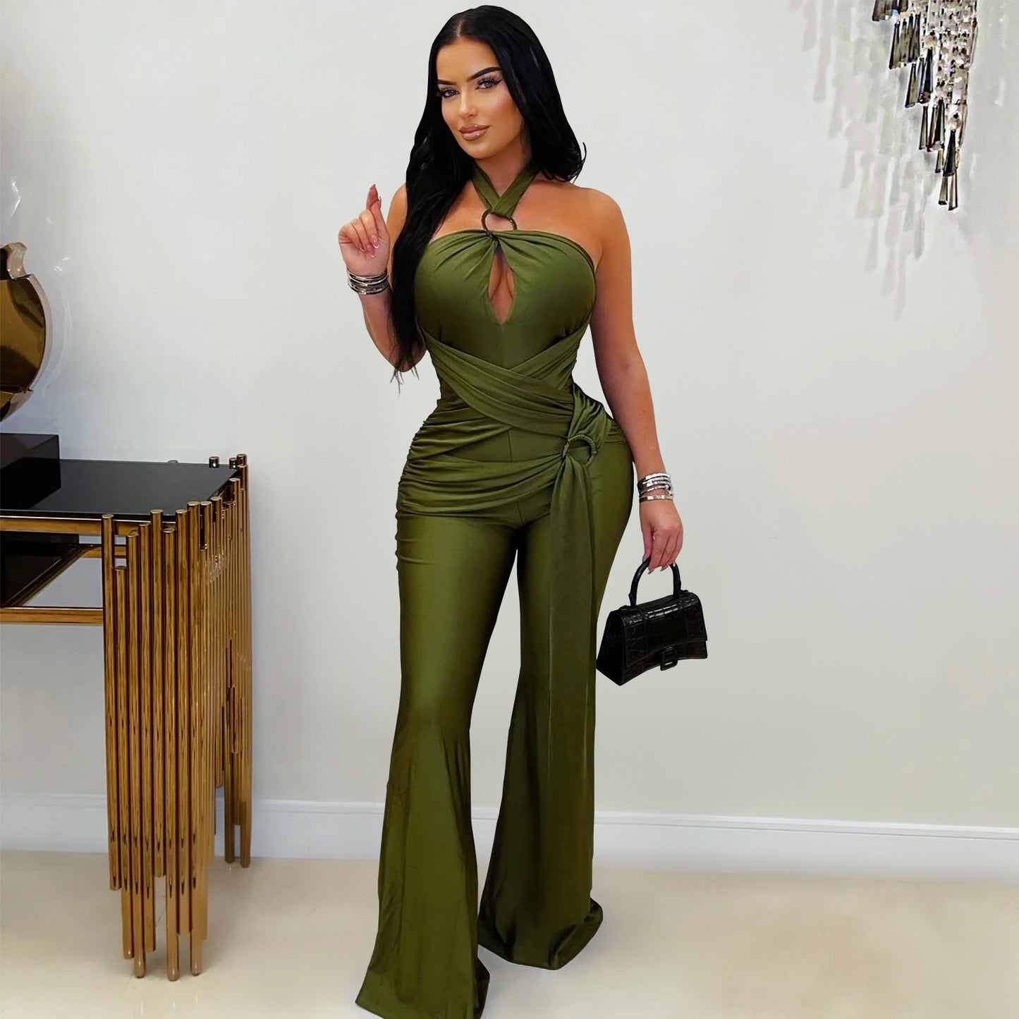 Women's Fashion Wear Solid Color Elegant Halter Wide Jumpsuits