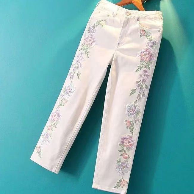 Women's Retro Chinese Style Embroidery Cropped Straight Tang Jeans