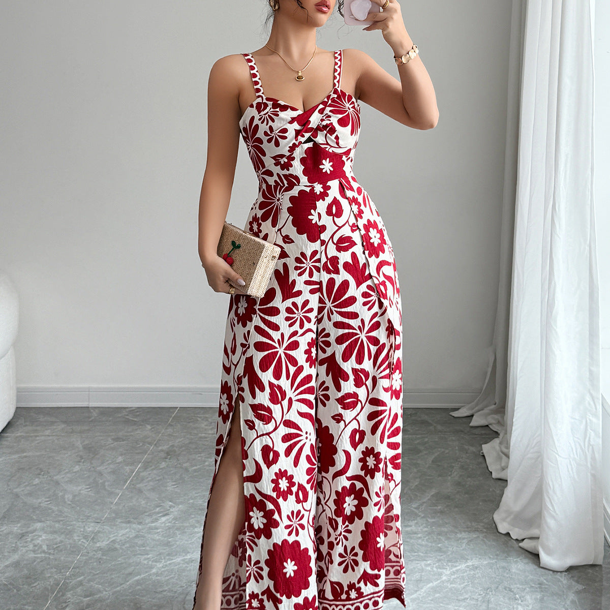 Women's Elegant Twist Print Small Sling Wide Jumpsuits