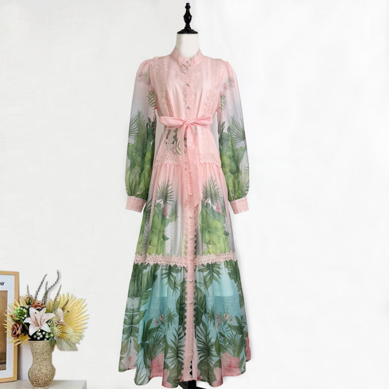 Holiday Pastoral Style Lantern Sleeve Green Tropical Printing Dresses