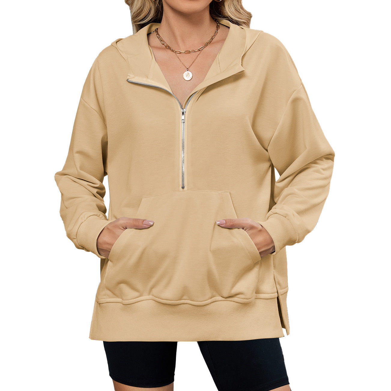 Women's Hooded Loose Long Sleeves Zipper Pocket Women's Sweater, Sweater