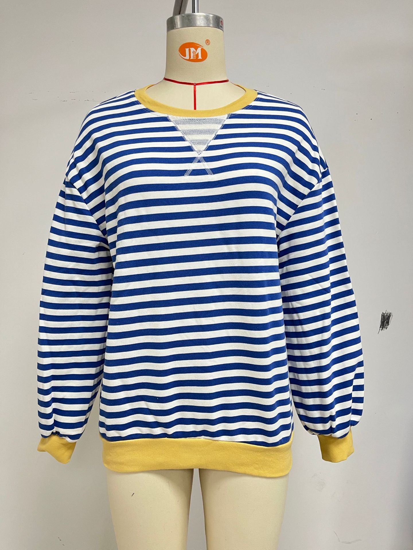 Women's Color Contrast Patchwork Loose Long Sleeve Striped Round Neck Sweaters