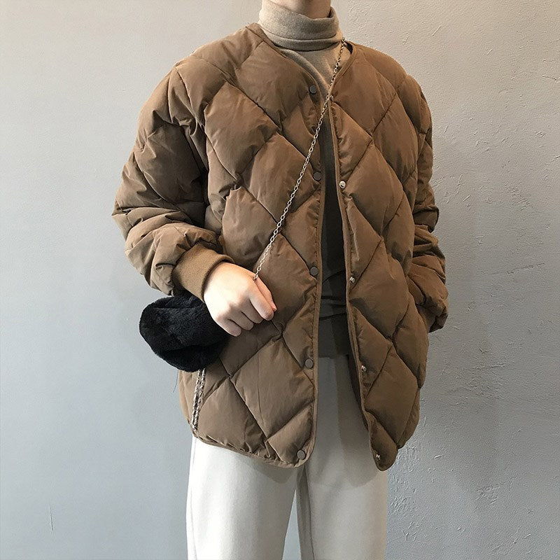 Women's Collarless Rhombus Down Korean Loose-fitting Lightweight Coats