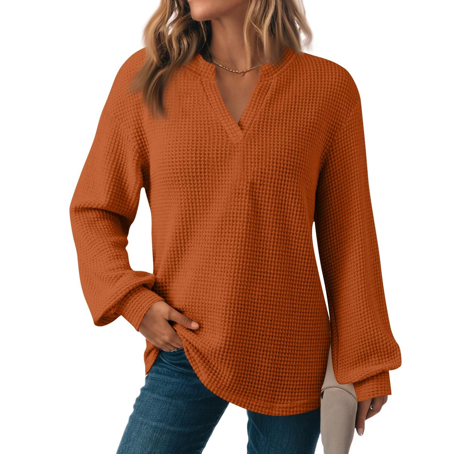 Women's Solid Color Waffle Loose Long Sleeve Women's Sweater, Sweater