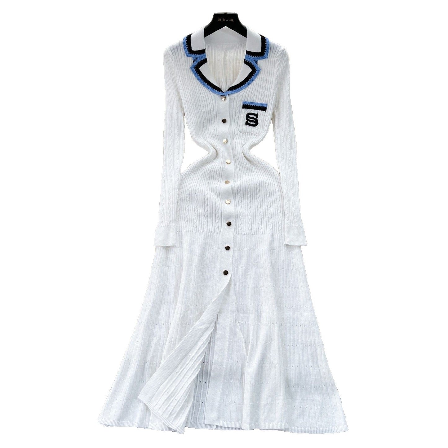 Contrast Color Lapels Knitted Dress Letter Dresses