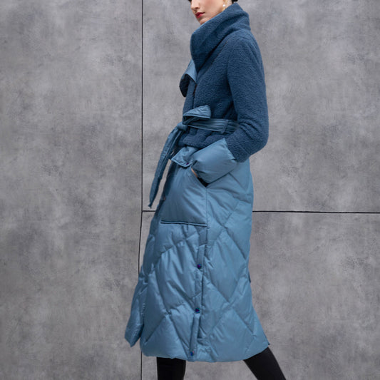 Women's Turtleneck Blue Fashionable With Faux Cashmere Stitching Down Jackets