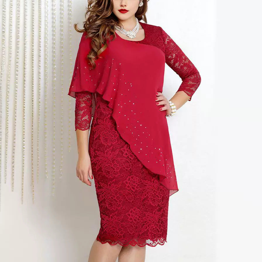 Solid Color Lace Stitching Elegant Cropped Sleeves Dresses