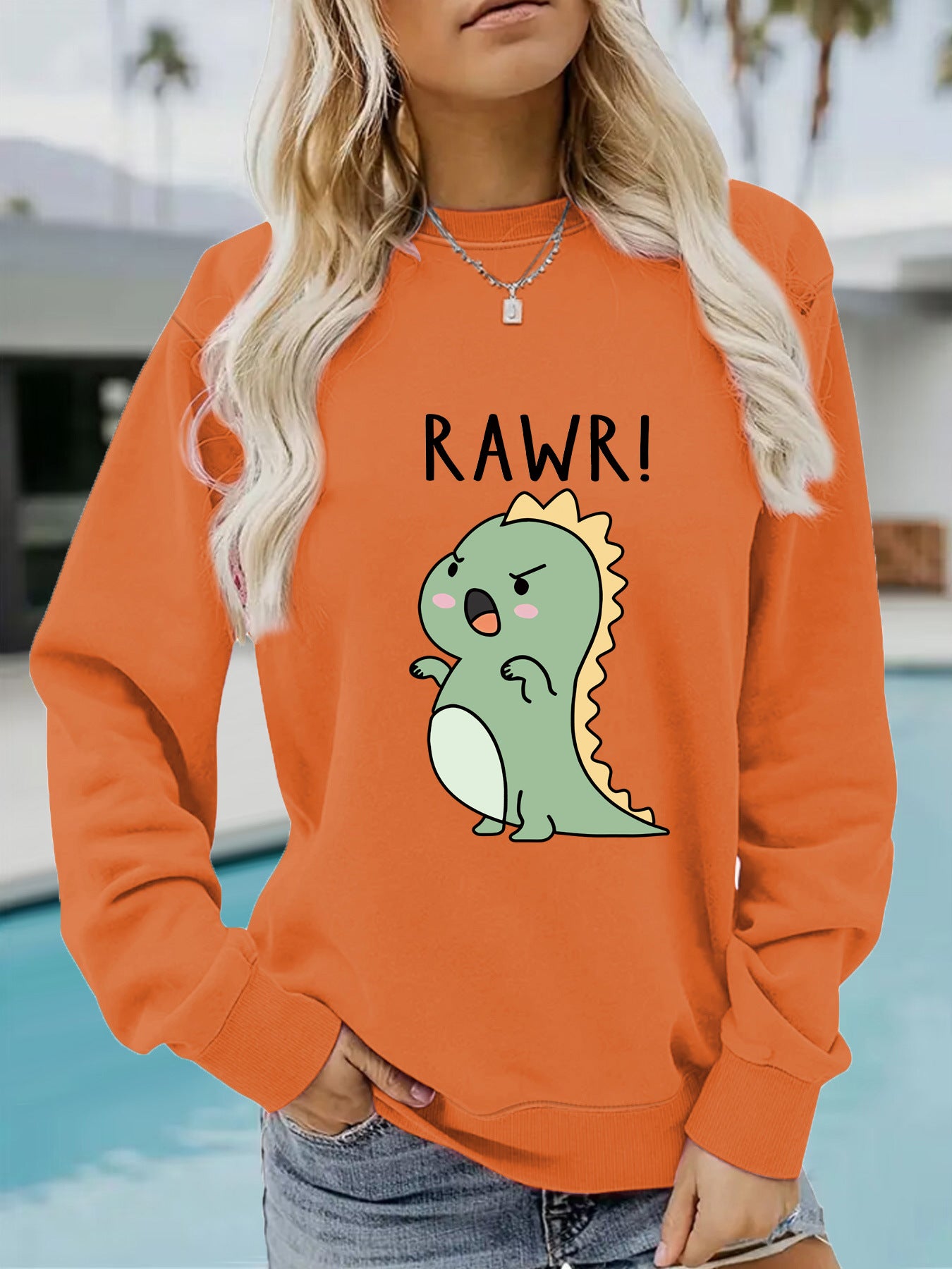 Women's Sleeve Round Neck Cartoon Dinosaur Print Sweaters
