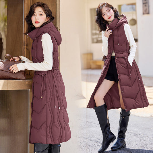 Women's Down Cotton Long Korean Thickened Hooded Vests